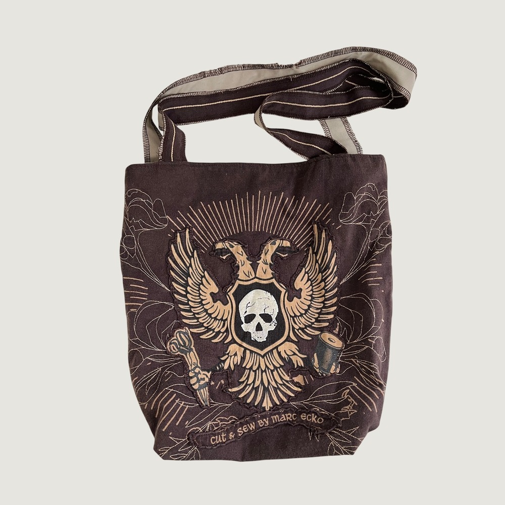 Marc Ecko Cut & Sew Brown Graphic Tote Bag Skull Eagle Y2K Streetwear Distressed
